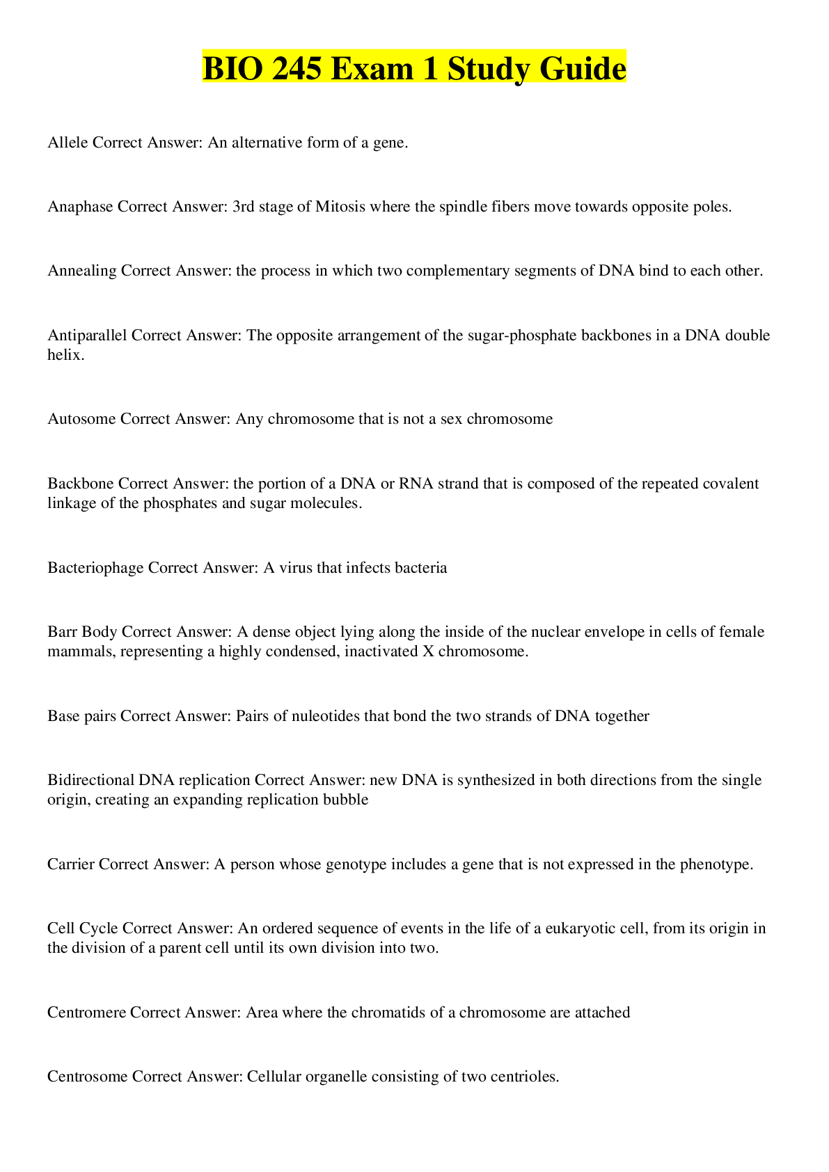 Preview image of BIO 245 Exam 1 Study Guide document